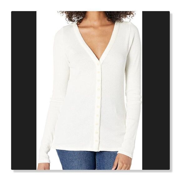 NEW! Rebecca Taylor Ribbed Pima Cotton V-Neck Cardigan - size Large in Ivory. - Picture 1 of 13
